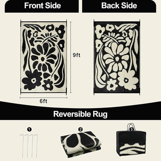 Wonnitar 6x9 Outdoor Rug, Waterproof Plastic Straw RV Outdoor Rugs, Reversible Large Portable RV Camping Rugs, Outsided Abstract Flower Patios Area Rug for Deck Backyard Balcony (Black & White, 6'x9')