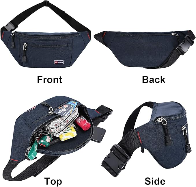 2 Packs Fanny Packs for Men and Women, Water Resistant Sports Waist Pack Bag Hip Bum Bag for Travel Hiking Running (Black + Blue)