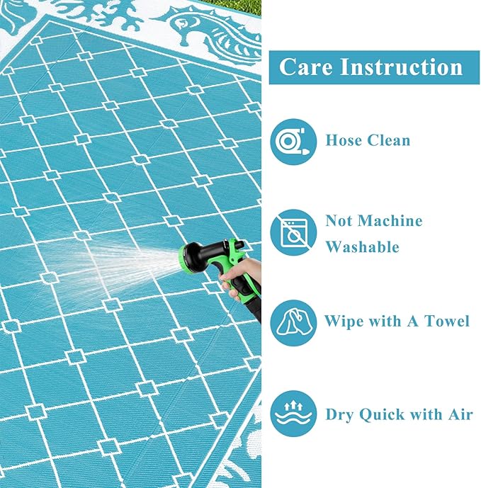 Vaukki Reversible Rugs, Plastic Straw Outdoor Doormat, Fade Resistant Plastic Outdoor Patio Mat, Lightweight Ocean Area Carpet for Patio, RV, Camping, Beach, Deck, Backyard and Picnic (Teal, 9'x12')