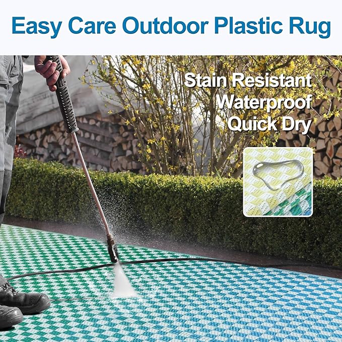 Wonnitar Waterproof Outdoor Rug 6x9 - Blue Yellow Gradient Checkered RV Camping Rug, Reversible Plastic Straw Patio Mat for Poolside Deck, Portable Lightweight Colorful Outdoor Carpet
