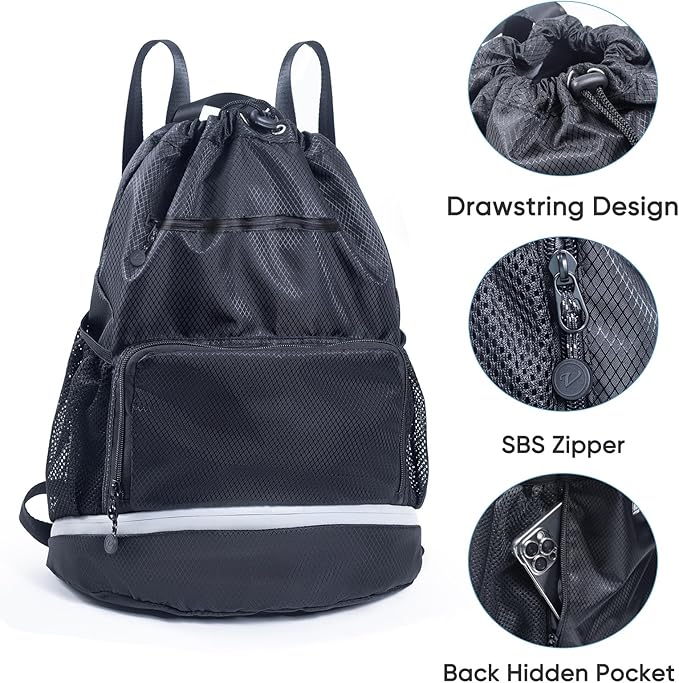 Swim Beach Gym Backpack - Drawstring with Shoes Compartment and Waterproof Pocket for Gym Accessories, Swim Essentials - Kids Mens Beach Workout Bag