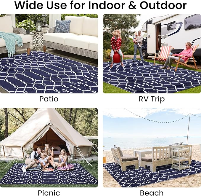 Smiry Outdoor Rug 5x8 ft, Waterproof Reversible Plastic Straw Rugs, Boho Outdoor Area Rug, Outside Floor Mat for Patio, Backyard, Deck, Picnic, Beach, Camping, Navy