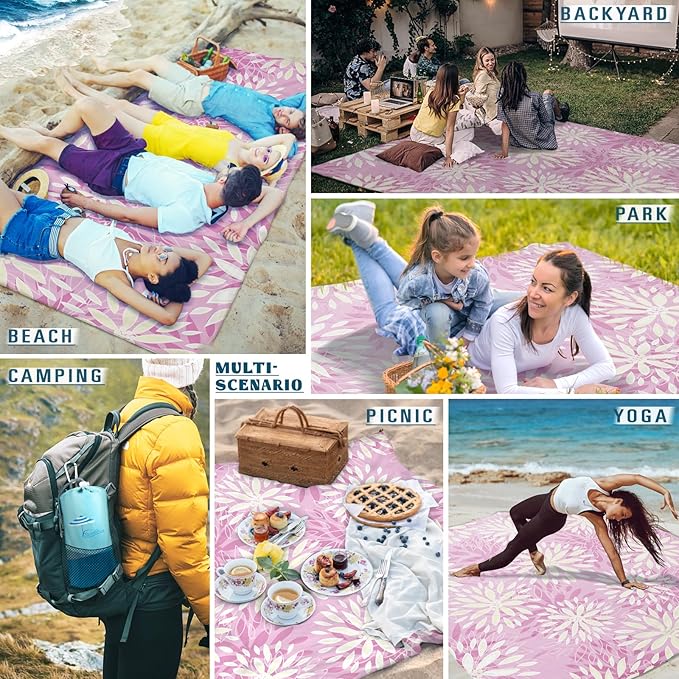 Beach Blanket Sandproof Waterproof 78''ร81''1-5 Adults Oversized,Compact Lightweight Durable Beach Mat for Travel Camping Hiking Picnic Blanket