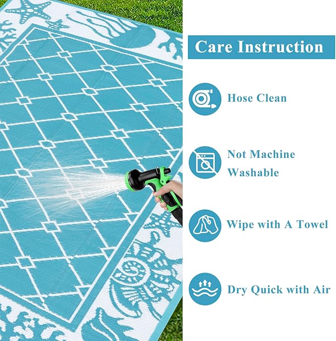 Vaukki Reversible Rugs, Plastic Straw Outdoor Doormat, Fade Resistant Plastic Outdoor Patio Mat, Lightweight Ocean Area Carpet for Patio, RV, Camping, Beach, Deck, Backyard and Picnic (Teal, 5'x8')
