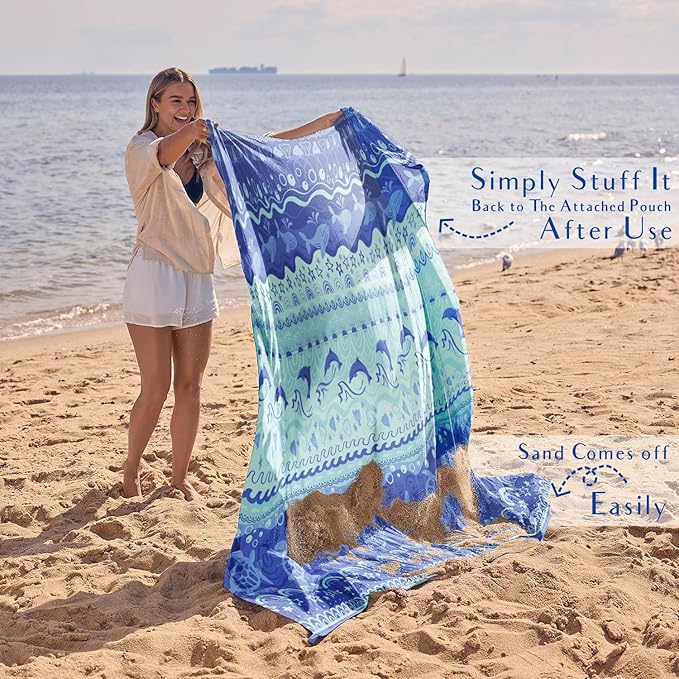 WEKAPO Beach Blanket Waterproof Sandproof Oversized Extra Large Sand Free Beach Mat with Stakes, Storage Bag - Essentials for Outdoor Beach, Picnic (Bohemian Sealife, 8 X 7 FT (1~4 Person))