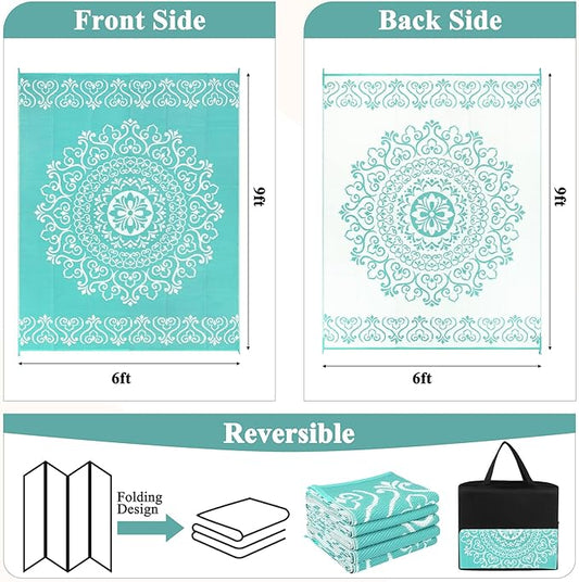 Pauwer Waterproof Outdoor Rug 6x9, Reversible Plastic Straw Patio Camping Rug, Indoor Outdoor RV Mat Carpet for Deck, Camper, Porch, Balcony, Backyard, Picnic, Floral Light Blue