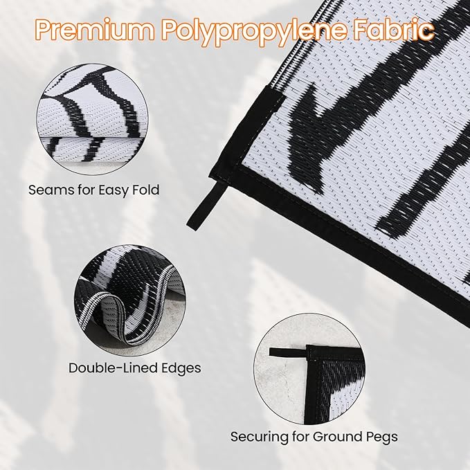 Outdoor Rug for Patio, 9x12 Ft Reversible Outdoor Plastic Straw Rug Waterproof Foldable Camping Mat with Uv Protection, Quick-Dry Straw Patio Carpet for Deck Rv Porch Backyard - Black & White