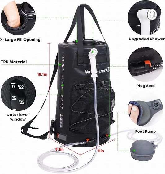 WILD HEART Camping Shower 22L/ 12L Portable Shower for Camping with Pressure Foot Pump and Hose - Solar Shower Bag Backpack for Camping, Road Trip & Outdoor Use