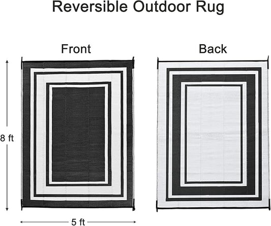 RURALITY Outdoor Rugs 5x8 Waterproof for Patios Clearance,Plastic Straw Mats for Backyard,Porch,Deck,Balcony,Reversible,Black and White