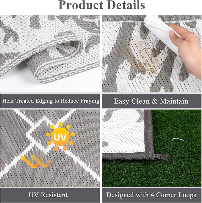 Vaukki Reversible Rugs, Plastic Straw Outdoor Doormat, Fade Resistant Plastic Outdoor Patio Mat, Lightweight Ocean Area Carpet for Patio, RV, Camping, Beach, Deck, Backyard and Picnic (Grey, 10'x14')
