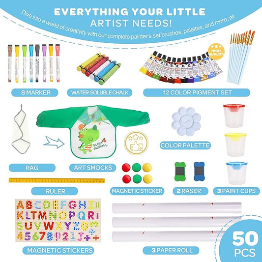 3 in 1 Adjustable Kids Art Drawing Easel Set-Sided Magnetic Whiteboard & Chalkboard with Painting Paper Roll - Versatile Art Station Gift for Toddlers, Kids and Childrens Ages 3+