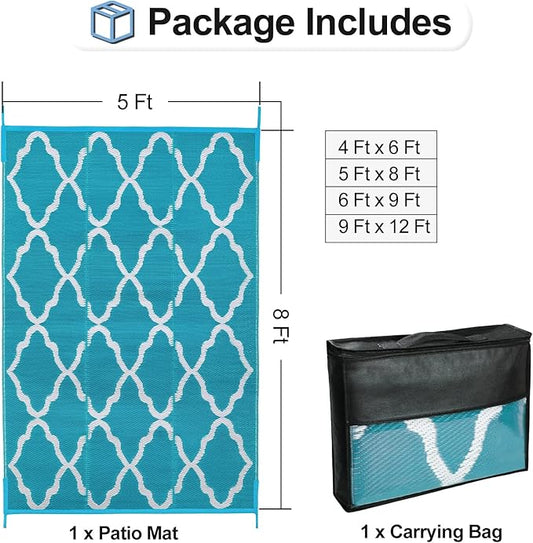 OutdoorLines Outdoor Plastic Area Rugs for Patio 5x8 ft - Reversible Outside Carpet, Stain & UV Resistant RV Mats, Straw Rug for Camping, Deck Garden, Porch and Balcony, Moroccan Teal & Light Grey