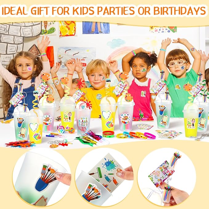 Tondiamo 278 Pcs Art Paint Party Favors Include Gift Cup Plastic Straw Color Pen Keychain Pendant Bracelet Ring Temporary Tattoo Party Blower Card Splatter Confetti for School Reward Birthday