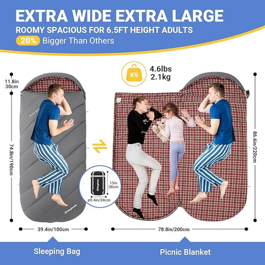 KingCamp Sleeping Bag for Adults, Cold Weather & Warm Extra Wide Big & Tall XL Portable Waterproof Flannel Sleeping Bags, Essentials Gear Accessories for Camping Backpacking Hiking Indoor & Outdoor