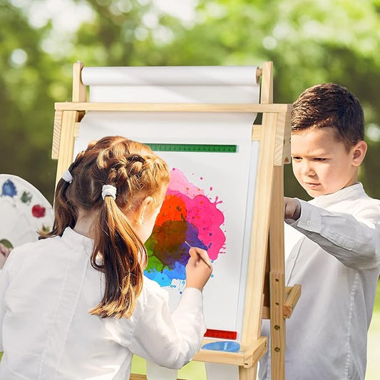 Joyooss Art Easel for Kids with Double-Sided Magnetic, Wooden Standing Kids Easel with Dry Erase Whiteboard & Chalkboard, Height Adjustable Children Easel with Paper Roll, Bonus Toddler Art Supplies