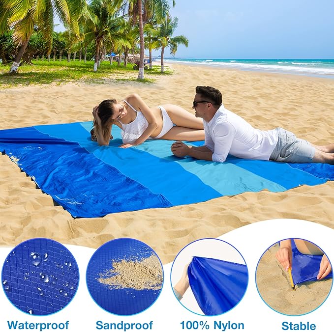 BYDOLL Nylon Beach Blanket Waterproof Sandproof Oversized 7'x7' Suits 1-5 Adults Sand Free Extra Large Blanket Lightweight Soft Picnic Mat for Beach Travel Camping