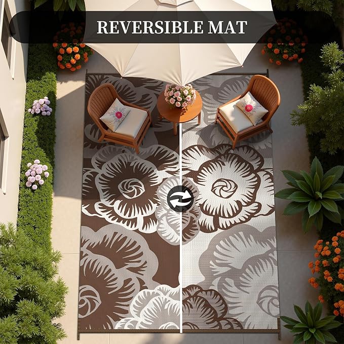 MontVoo Outdoor Rug 8x10 Waterproof Patio Rug-Outdoor Carpet Mat Reversible Plastic Straw Outside Outdoor Rug for RV Camping Picnic Beach Balcony Backyard Pool Deck Farmhouse Floral Beige Brown