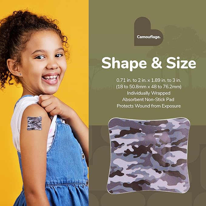 BioSwiss Bandages, Assorted Size Camoflauge Print Self Adhesive Bandage, Latex Free Sterile Wound Care, First Aid Kit Supplies for Kids and Adults, 60 Count
