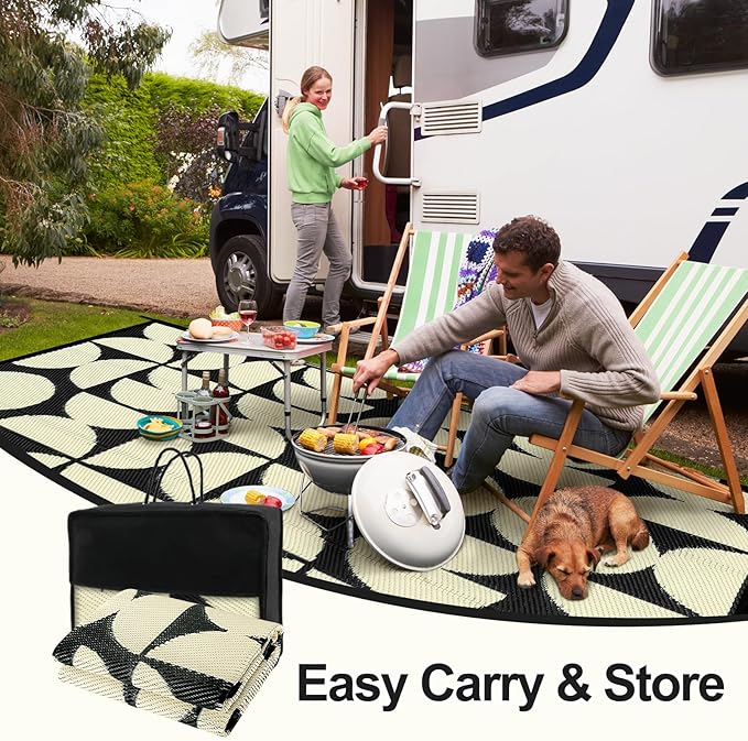 Wonnitar Outdoor Rug 6x9 Waterproof for Patio, Reversible Outdoor Plastic Straw Rug Large Portable RV Camping Rug, Geometric Outside Area Rug for Backyard Balcony Garden (Black & Beige,6'x9')