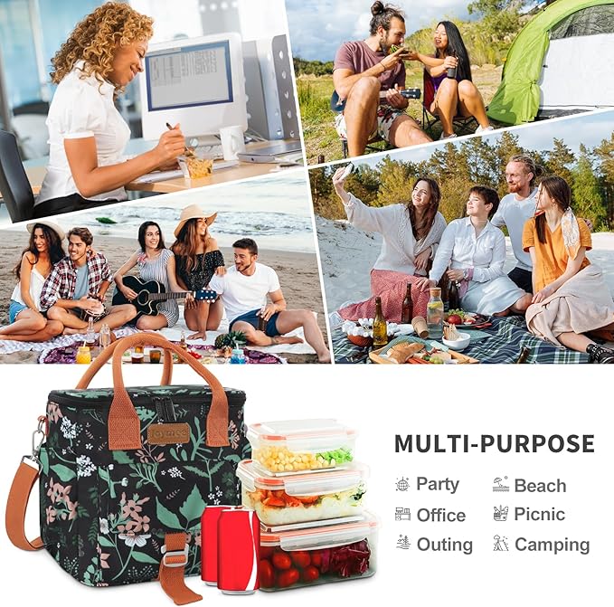 Joymee Large Insulated Lunch Bag for Women Adults, Reusable Waterproof Lunch Box for Work Picnic Camping, Small Lunch Cooler Leakproof Tote with Side Pocket Adjustable Shoulder Strap - Green Leaf