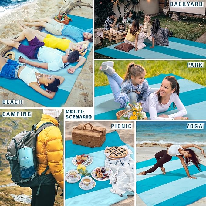 Beach Blanket Sandproof Waterproof 78''ร81''1-5 Adults Oversized,Compact Lightweight Durable Beach Mat for Travel Camping Hiking Picnic Blanket