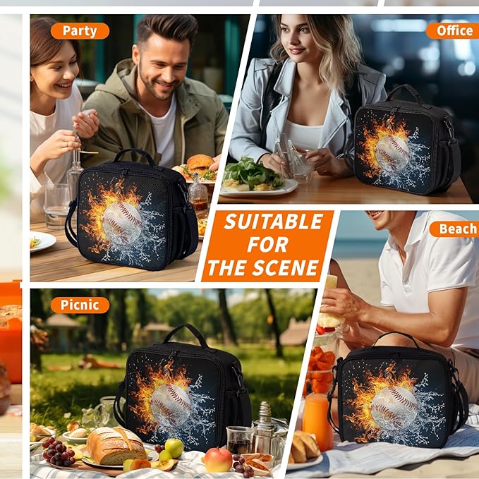 Fire Ice Baseball Pattern Lunch Bag Fire Sport Baseball Lunch Boxes for Women/Man Office Work Travel School Work Picnic Durable Reusable Insulated Large Lunch Tote Bag with Adjustable Shoulder Strap