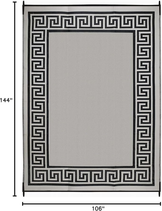 FH Home Outdoor Camping Rug - Waterproof, Fade Resistant, Reversible - Premium Recycled Plastic - Greek Border - Large Patio, Deck, Sunroom, RV - Athens - Black & White - 9 x 12 ft Foldable