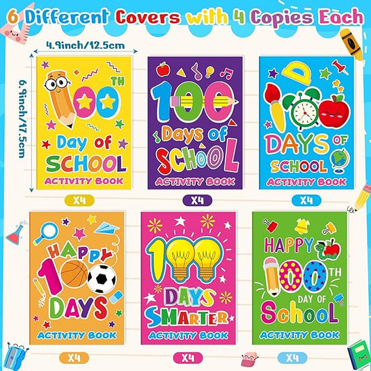 100th Day of School Activity Books for Kids - 24Pcs Happy 100 Days Mini Games Coloring Book Set Bulk Mazes Word Search Word Scramble Games for School Classroom Reward DIY Art Gifts Party Favors