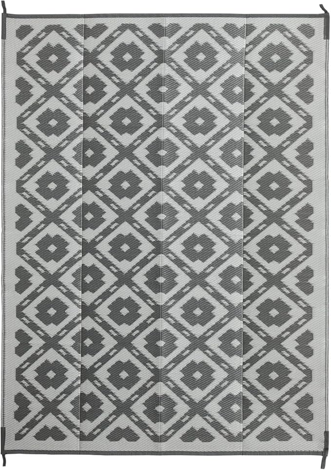 Waterproof Outdoor Rug 9x12 ft, Reversible Plastic Straw Rug, Easy to Clean Patio Rug, Portable Carpet for Patio, RV, Deck, Balcony, Backyard, Picnic, Beach, Square Dashed, Gray