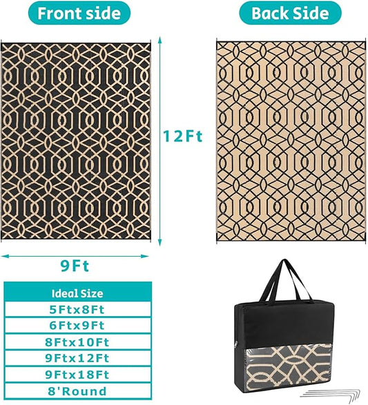 HEBE Outdoor Rug 9'x12' for Patios Waterproof Clearance Reversible Patio Mat Plastic Straw Rug RV Camping Mat Outside Area Rug Carpet for Camping RV,Porch,Deck,Balcony,Camper,Backyard