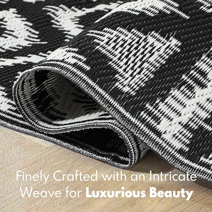 Waterproof Outdoor Rug 9x18 ft, Reversible Plastic Straw Rug, Easy to Clean Patio Rug, Portable Carpet for Patio, RV, Deck, Balcony, Backyard, Picnic, Beach, Geometric Diamond, Gray
