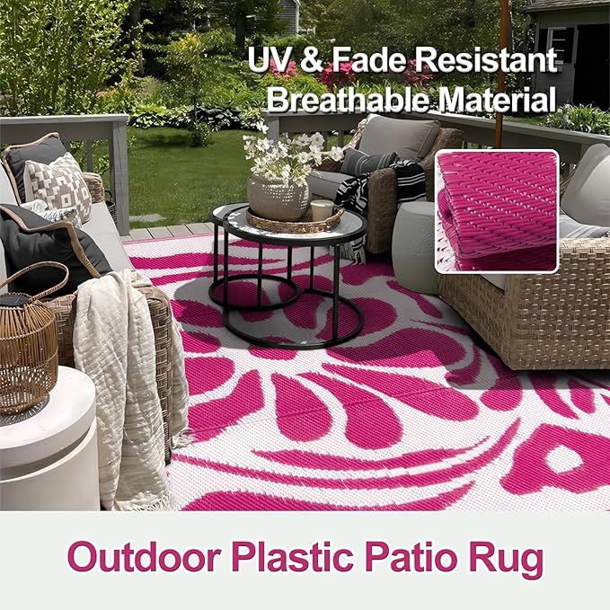 Wonnitar Outdoor Rugs 8x10,Plastic Outdoor Waterproof Patio Rugs Clearance,Reversible Large Outside RV Camping Mat,Portable Abstract Plant Lightweight Carpet for Backyard Deck Park (Pink, 8'x10')