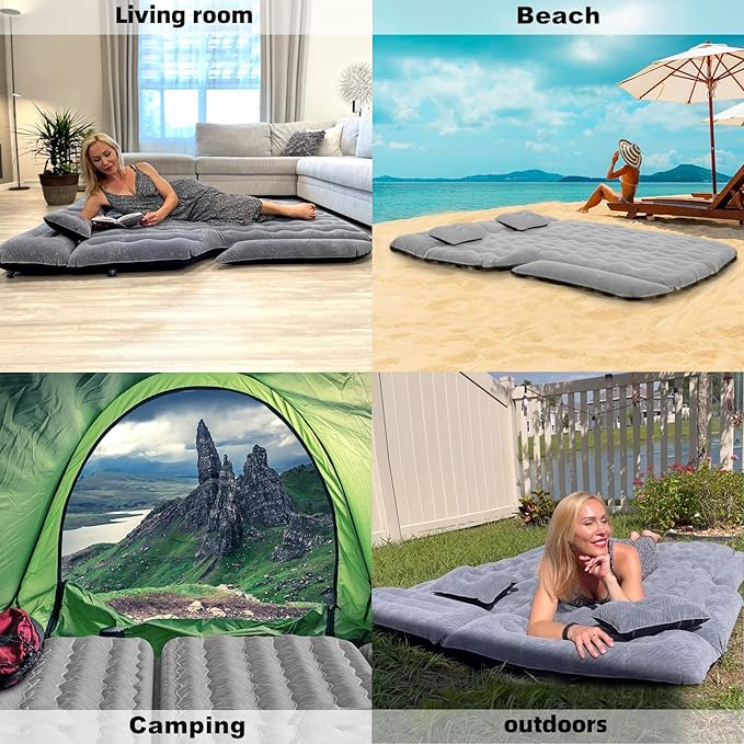 Umbrauto SUV Camping Air Mattress| Flocked Car Sleeping Bed with Reinforced Bottom| Back Trunk Inflatable Airbed for Vans| Includes Electric Pump, Pillows, Repair Patch & Carry Bag