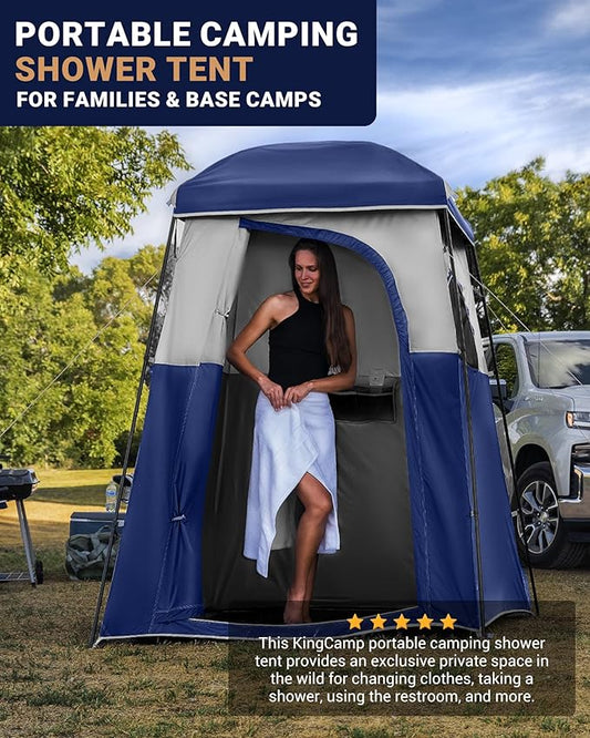 KingCamp Camping Shower Tent, Portable Outdoor Privacy Toilet & Changing Tent Windproof & Waterproof Easy Setup 1 or 2 Room Shelter with Shower Bag for Camping Hiking Beach