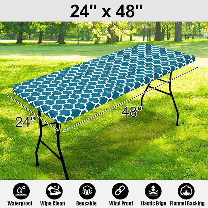 Smiry Rectangle Picnic Table Cover, Waterproof Elastic Fitted Camping Tablecloths for 4 Foot Tables, Wipeable Flannel Backed Vinyl Tablecloth Protector for Indoor, Outdoor (Turquoise, 24x48 Inches)