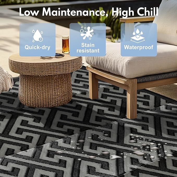 Waterproof Outdoor Rug 9x18 ft, Reversible Plastic Straw Rug, Easy to Clean Patio Rug, Portable Carpet for Patio, RV, Deck, Balcony, Backyard, Picnic, Beach, I-Shaped, Black