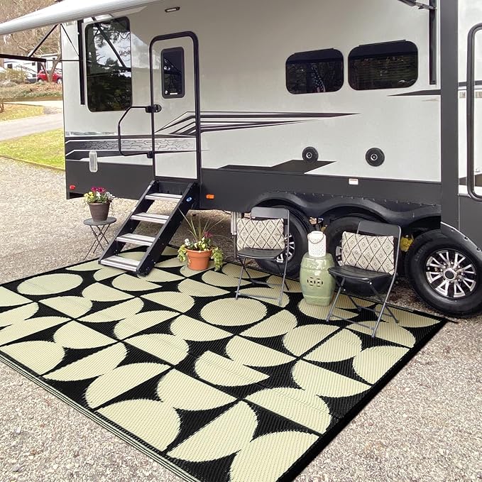 Wonnitar Outdoor Rug 6x9 Waterproof for Patio, Reversible Outdoor Plastic Straw Rug Large Portable RV Camping Rug, Geometric Outside Area Rug for Backyard Balcony Garden (Black & Beige,6'x9')