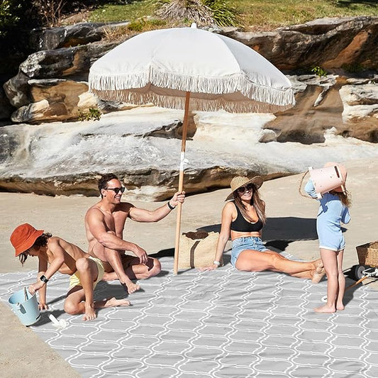 Waterproof Sandproof Beach Blanket, 78"×86" Large Beach Mat for 1-4 Adults, Foldable Lightweight Polyester Outdoor Picnic Blanket with 4 Stakes & 4 Corner Pockets for Travel, Camping, Hiking