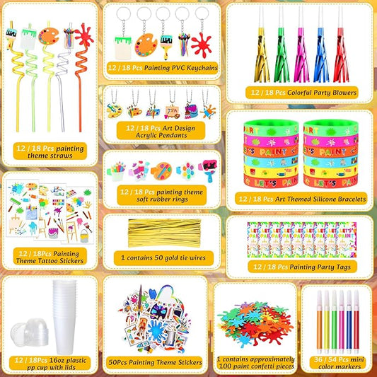 Tondiamo 278 Pcs Art Paint Party Favors Include Gift Cup Plastic Straw Color Pen Keychain Pendant Bracelet Ring Temporary Tattoo Party Blower Card Splatter Confetti for School Reward Birthday