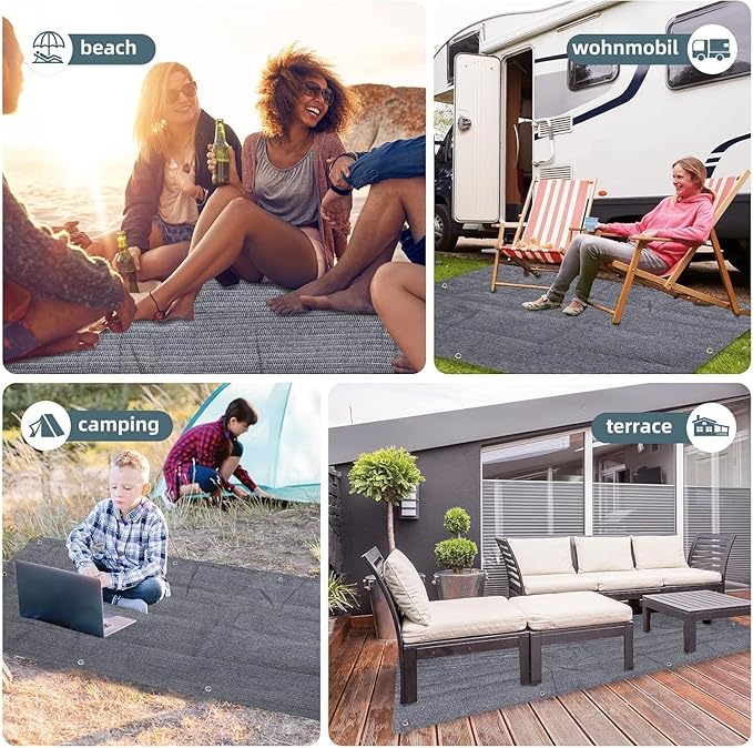 FoundGo Awning Carpet HDPE Camping Outdoor Rug with Eyelets,Nails,Broom,for RV,Patio,Backyard,Picnic,Beach,Trailer 9'*12' (2.74 * 3.66m) -Blue Grey