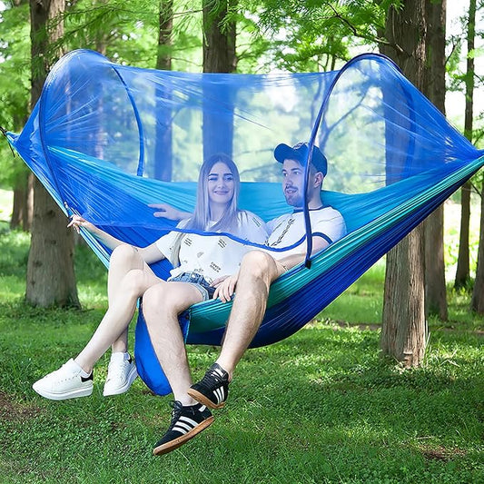 LFL Camping Hammock with Mosquito Net, Hammocks with Tree Straps Carabiners, 1 & 2 Persons Outdoor Portable Tree Straps Swing Hammock, Nylon Parachute Outside Material Hammocks, Blue