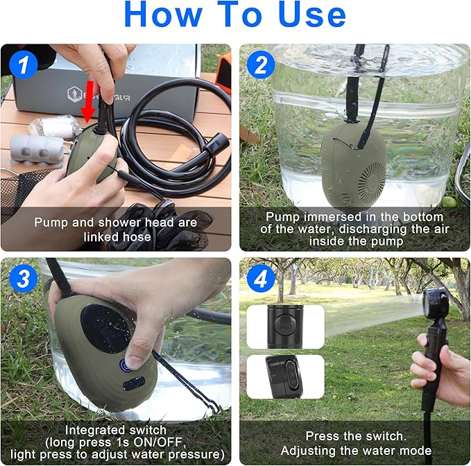 Lightweight Portable Camping Shower, 6000mAh Rechargeable Outdoor Shower Pump with 5 Pressure Modes, Filtered Shower Head, Temperature & Power Display for Hiking, Travel, Washing, Emergency