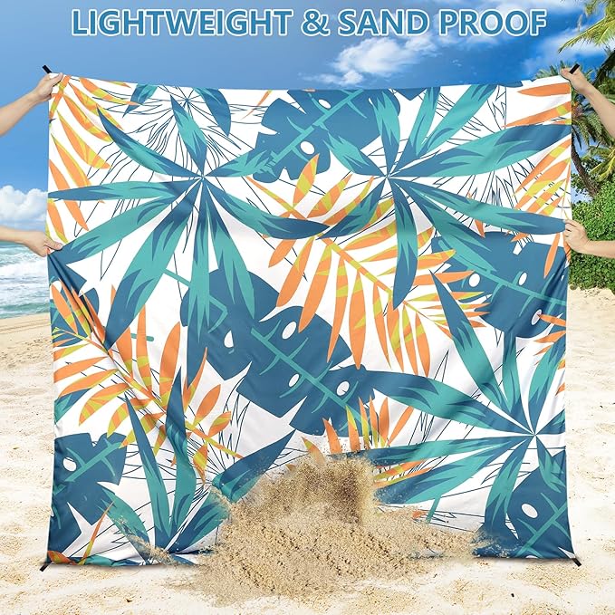 Beach Blanket Sandproof Extra Large Beach Mat Adults Waterproof Quick Drying Sand Free Mat Made by Premium Polyester with 4 Stakes & 4 Corner Pockets for Outdoor Travel Camping Hiking