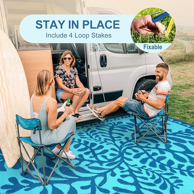 Anidaroel 8x10 Outdoor Rug for Patios Clearance, Waterproof Camping Rug for Outside RV, Reversible Plastic Straw Outside Rugs, Large Outdoor Area Rug for Garden, Camper(Blue,8’x10’)