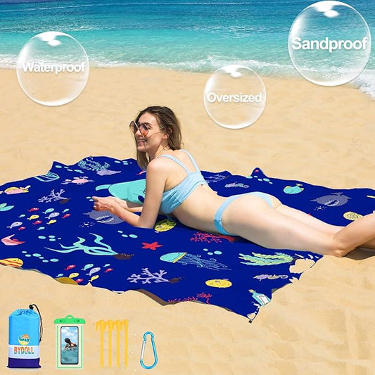 BYDOLL Beach Blanket Waterproof Sandproof 78''×81'' 1-7 Adults Oversized Lightweight Large Picnic Mat Waterproof Sandproof Blanket for Beach