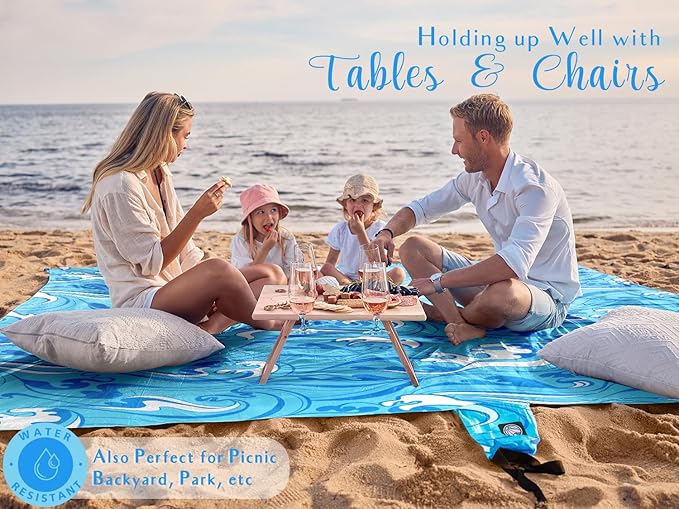 WEKAPO Beach Blanket Waterproof Sandproof Oversized Extra Large Sand Free Beach Mat with Stakes, Storage Bag - Essentials for Outdoor Beach, Picnic (Blue Ocean Waves, 8 X 7 FT (1~4 Person))