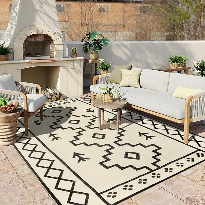 Uphome Outdoor Rugs 8x10 Waterproof, Reversible Tan Boho RV Camping Rug, Patio Plastic Straw Outside Rug, Large Foldable Outdoor Mat Carpet for Backyard Deck Pool Balcony Picnic Beach, 8'x10'