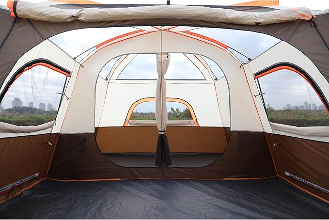 KTT Large Family Cabin Tent 10-12 Person,14.1X10X6.58ft,2 Rooms,3 Storage Pockets,2 Bay-Windows 3 Doors and 3 Windows with Mesh,Straight Wall,Waterproof,Double Layer,Big Tent for Outdoor,Camping