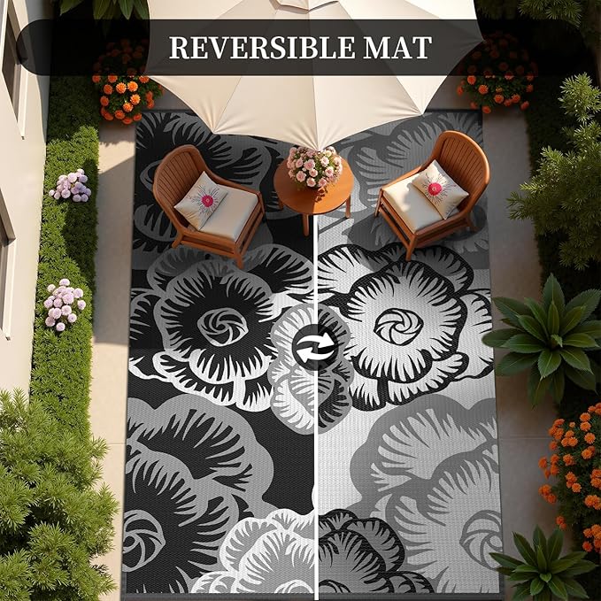 MontVoo Outdoor Rug 9x12 Waterproof Patio Rug-Outdoor Carpet Mat Reversible Plastic Straw Outside Outdoor Rug for RV Camping Picnic Beach Balcony Backyard Pool Deck Porch Farmhouse Floral Black