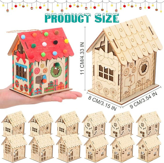 12 Pcs Wood Gingerbread House Craft Kit for Kids DIY Wooden Christmas Birdhouse Craft Kits Holiday Village Houses Make a Gingerbread Wooden House for Xmas Party Game Craft Supplies